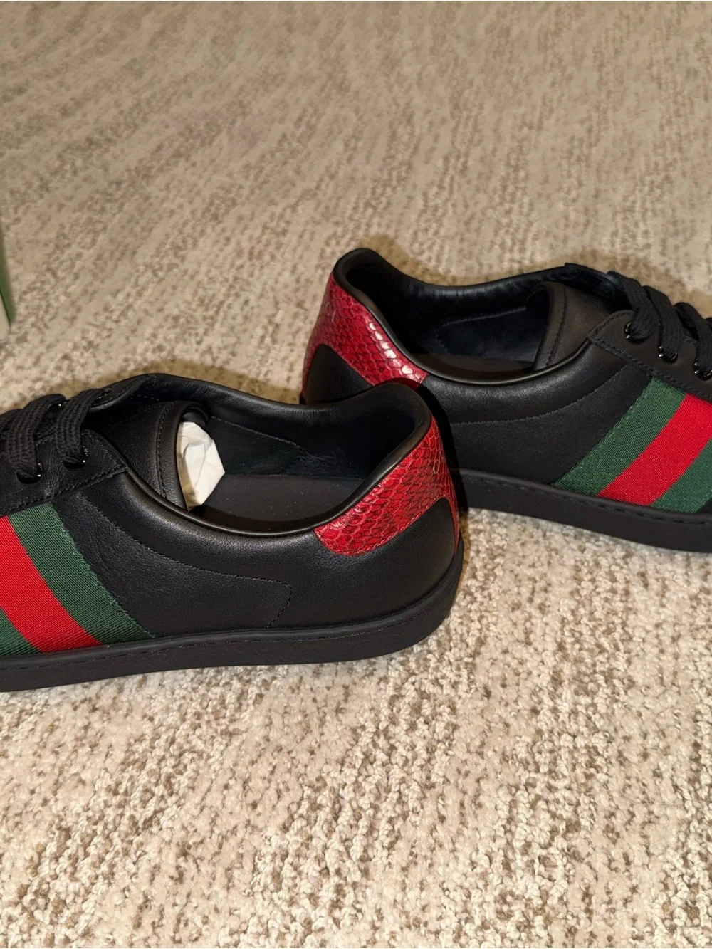 Gucci Black Leather Sneakers with Red & Green Web Stripe